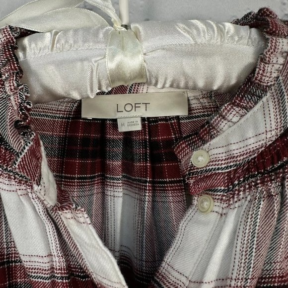 LOFT Long Sleeve Smocked Ruffle Neck Blouse,‎ Size Medium, Red/White Plaid - Picture 4 of 6